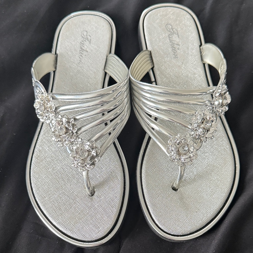 Silver Floral Jeweled Thong Sandals - Women
